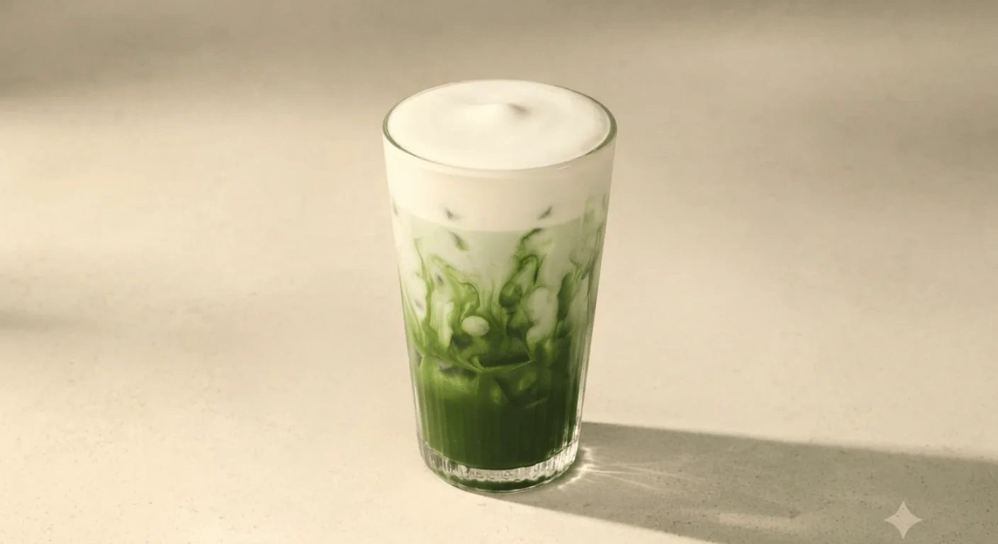 Starbucks US Iced Sugar-Free Vanilla Protein Matcha (Venti), iced matcha latte with a milk foam top in a clear glass, nutrition and calories
