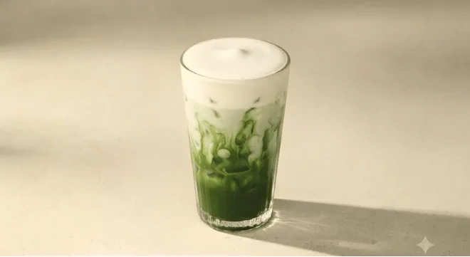 Starbucks US Iced Sugar-Free Vanilla Protein Matcha (Grande), iced matcha latte with a milk foam top in a clear glass, nutrition and calories