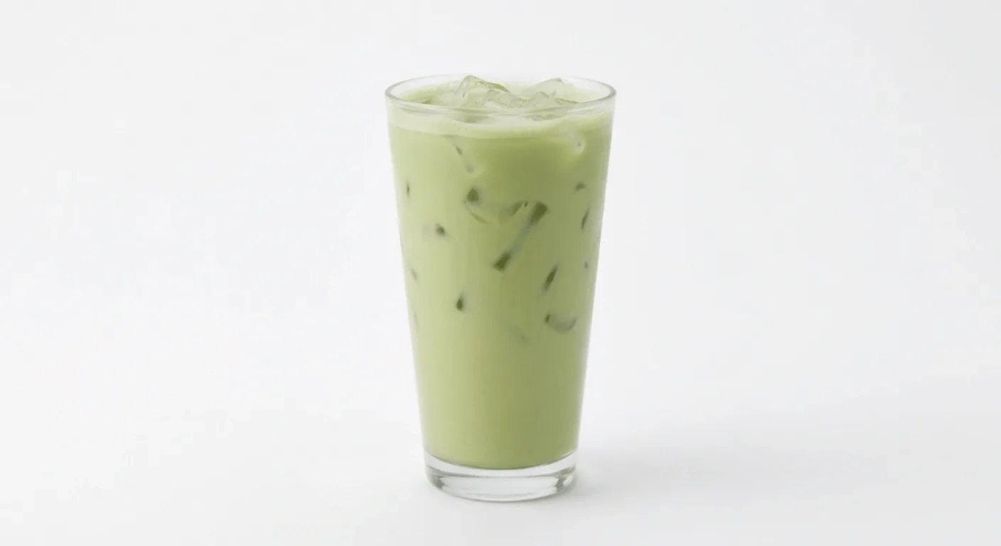 Starbucks US Iced Sugar-Free Caramel Protein Matcha (Venti), iced matcha green tea latte over ice in a clear glass, nutrition and calories