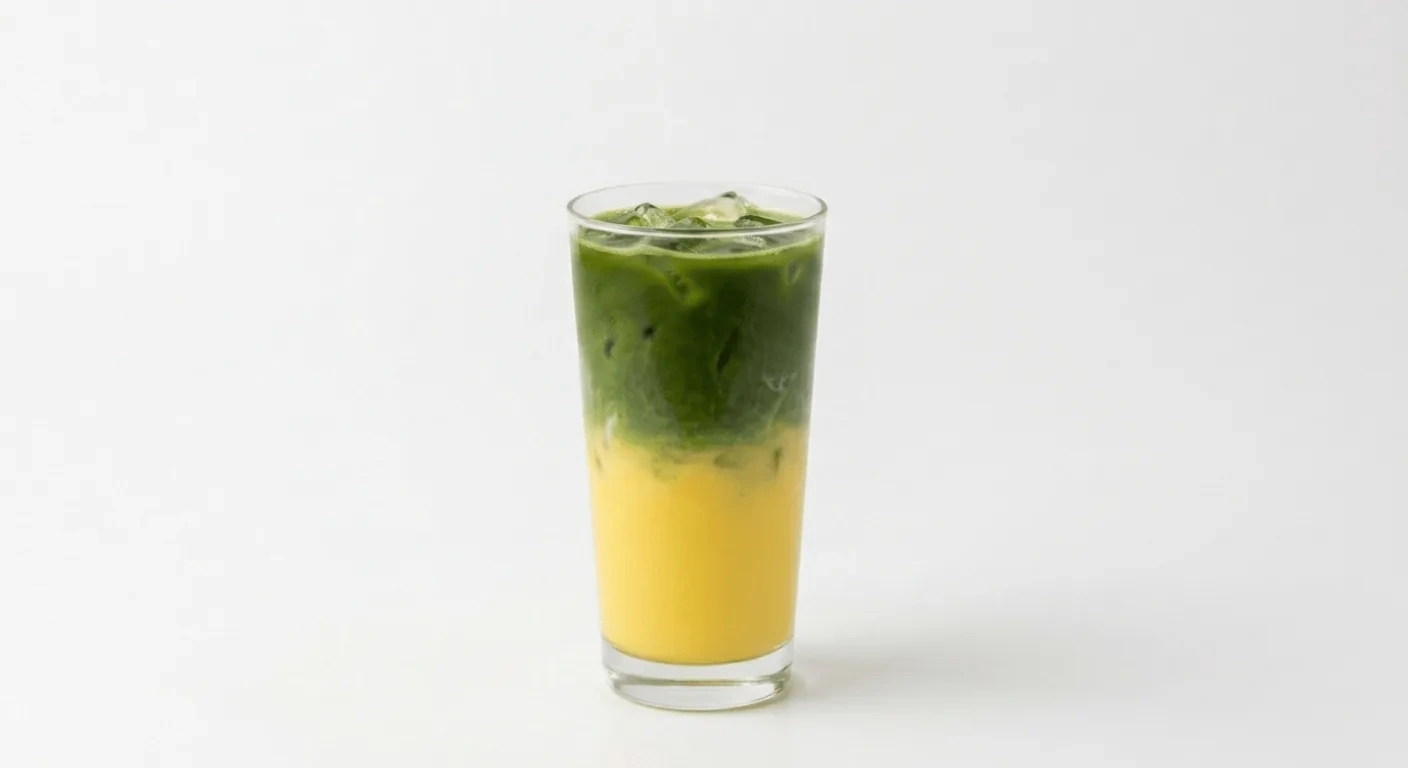 Starbucks US Iced Banana Protein Cream Matcha (Venti), layered iced matcha latte over a yellow banana base in a clear glass, nutrition and calories