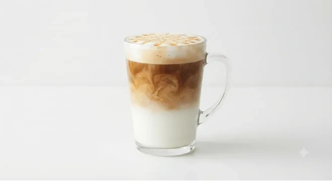Starbucks US Caramel Macchiato (Grande), layered caramel macchiato with caramel drizzle in a glass mug, nutrition and calories