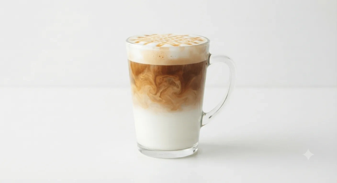 Starbucks US Caramel Macchiato (Venti), layered caramel macchiato with caramel drizzle in a glass mug, nutrition and calories