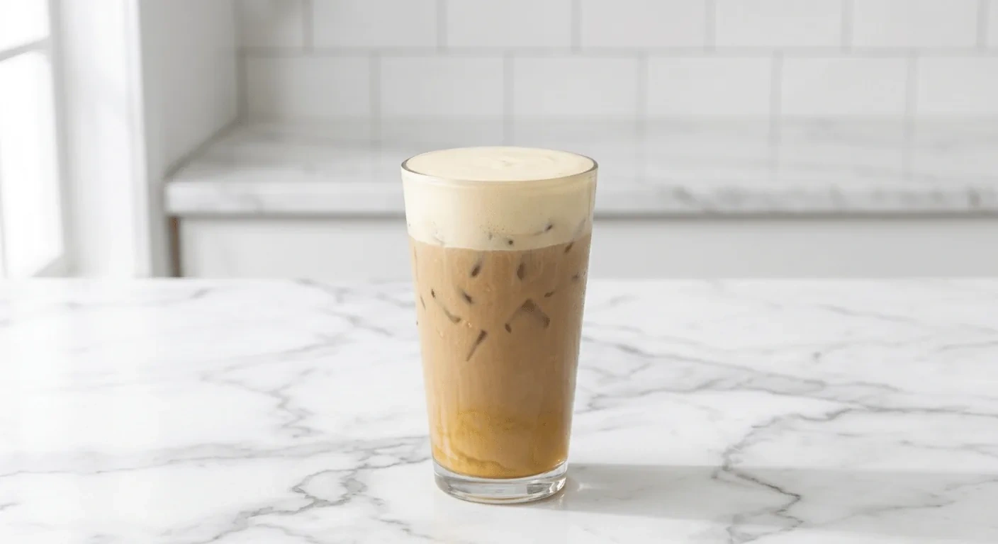 Starbucks US Iced Banana Bread Latte (Grande), iced latte with a foam top over ice in a clear glass, nutrition and calories