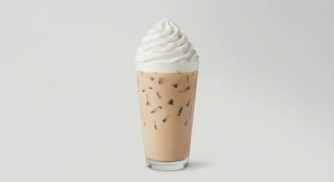 Starbucks US Iced White Chocolate Mocha (Venti), iced white chocolate mocha topped with whipped cream in a clear glass, nutrition and calories