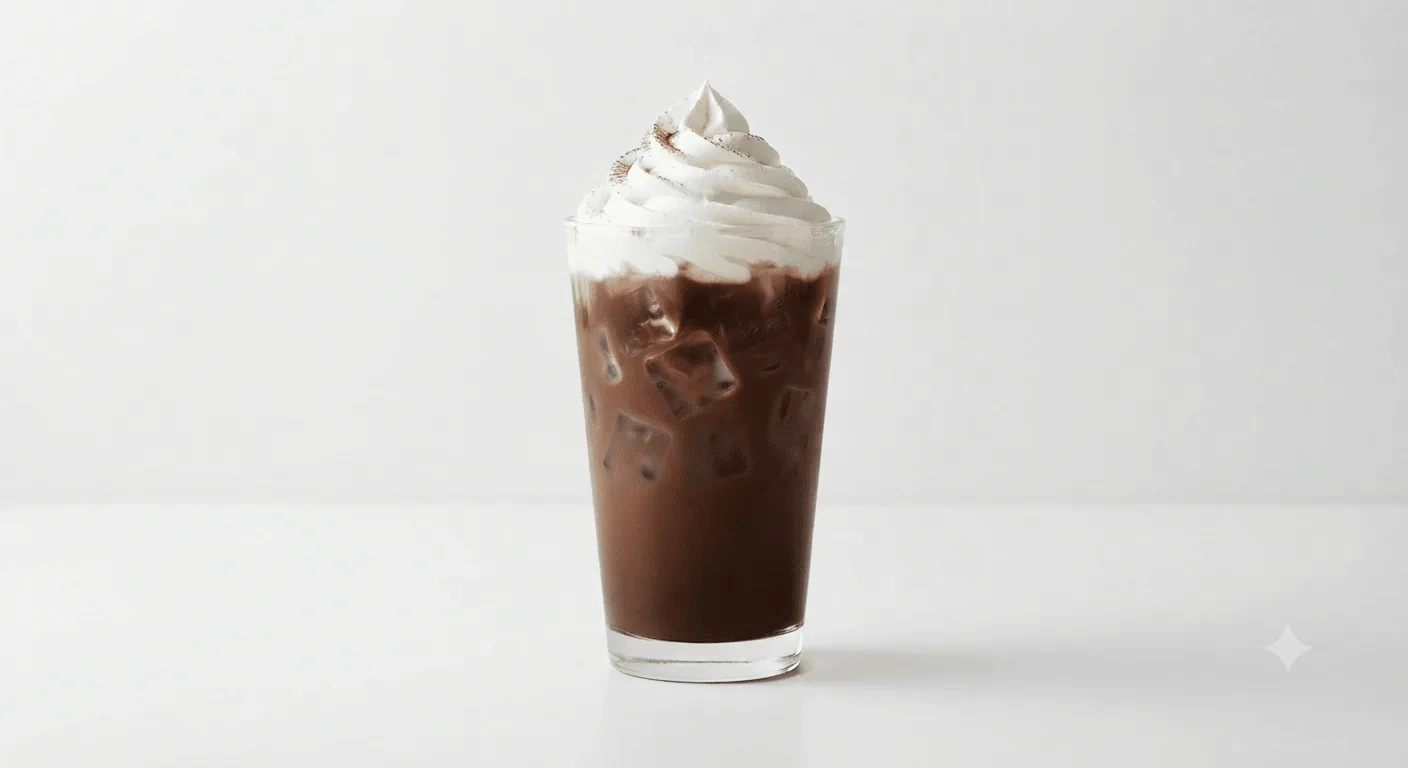 Starbucks US Iced Caffè Mocha (Venti), iced mocha topped with whipped cream in a clear glass, nutrition and calories