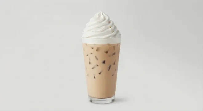 Starbucks US Iced White Chocolate Mocha (Grande), iced white chocolate mocha topped with whipped cream in a clear glass, nutrition and calories