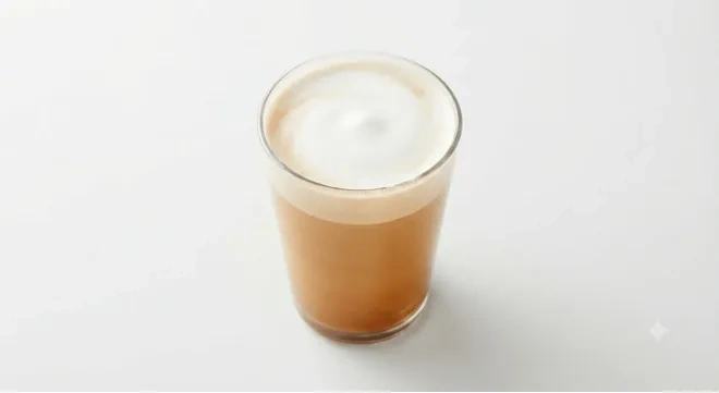 Starbucks US Chai Latte (Grande), chai tea latte with milk foam in a clear glass, nutrition and calories