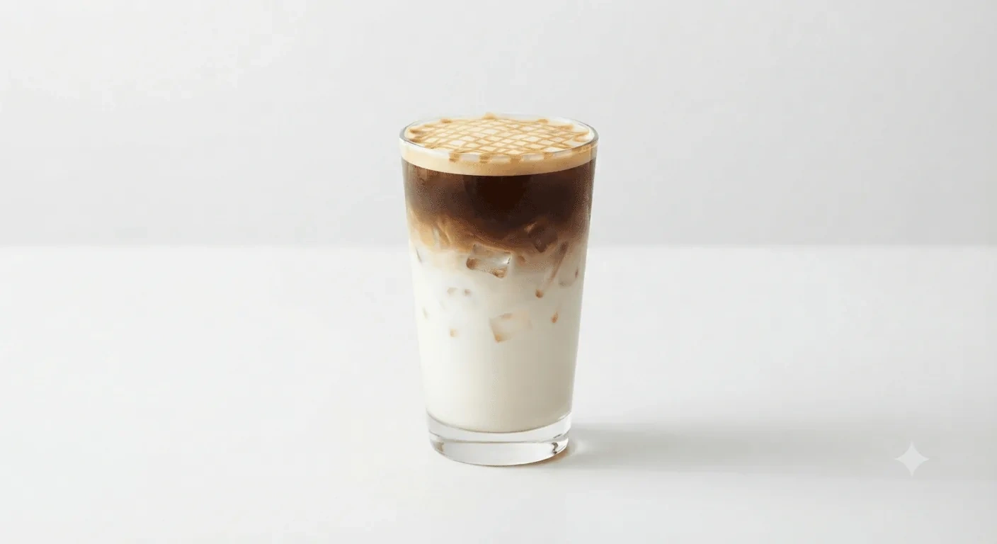 Starbucks US Iced Caramel Macchiato (Tall), layered iced caramel macchiato with espresso over milk in a clear glass, nutrition and calories