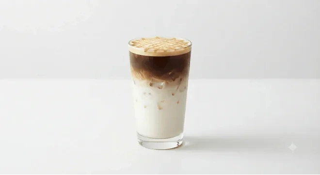Starbucks US Iced Caramel Macchiato (Grande), layered iced caramel macchiato with espresso over milk in a clear glass, nutrition and calories