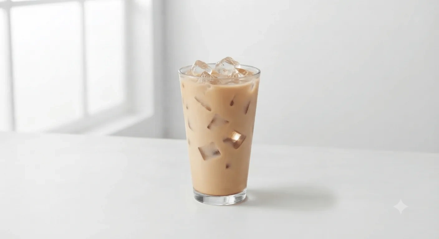 Starbucks US Iced Chai Latte (Venti), iced chai tea latte over ice in a clear glass, nutrition and calories