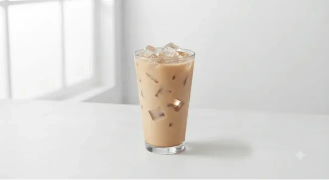 Starbucks US Iced Chai Latte (Grande), iced chai tea latte over ice in a clear glass, nutrition and calories