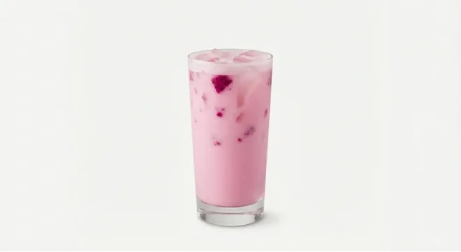 Starbucks US Dragon Drink (Grande), pink dragonfruit coconut milk drink over ice in a tall glass, nutrition and calories