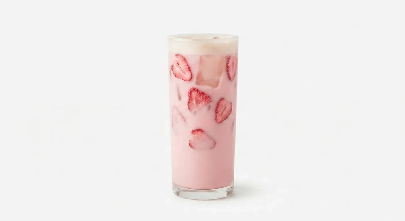Starbucks US Pink Energy Drink (Trenta), pink coconut milk drink with strawberry pieces in a tall glass, nutrition and calories
