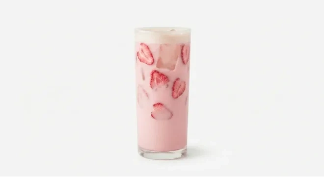 Starbucks US Pink Energy Drink (Grande), pink coconut milk drink with strawberry pieces in a tall glass, nutrition and calories