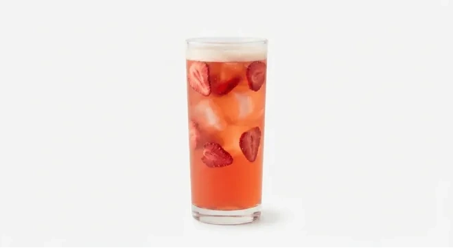 Starbucks US Strawberry Açaí Energy Refresher (Grande), strawberry acai refresher with strawberry slices over ice in a tall glass, nutrition and calories