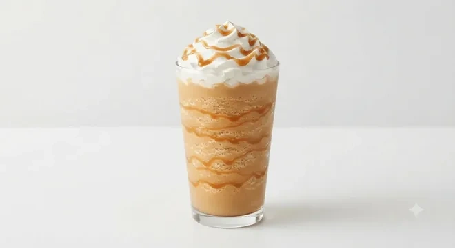 Starbucks US Caramel Frappuccino (Grande), blended caramel coffee topped with whipped cream and caramel drizzle in a clear glass, nutrition and calories