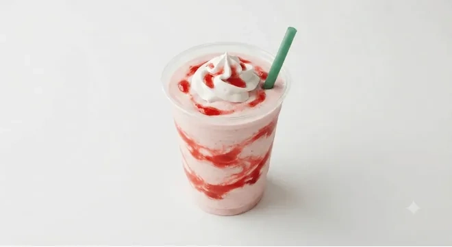 Starbucks US Strawberry Crème Frappuccino (Grande), blended strawberries and cream drink with strawberry swirls and whipped cream in a clear cup with a green straw, nutrition and calories
