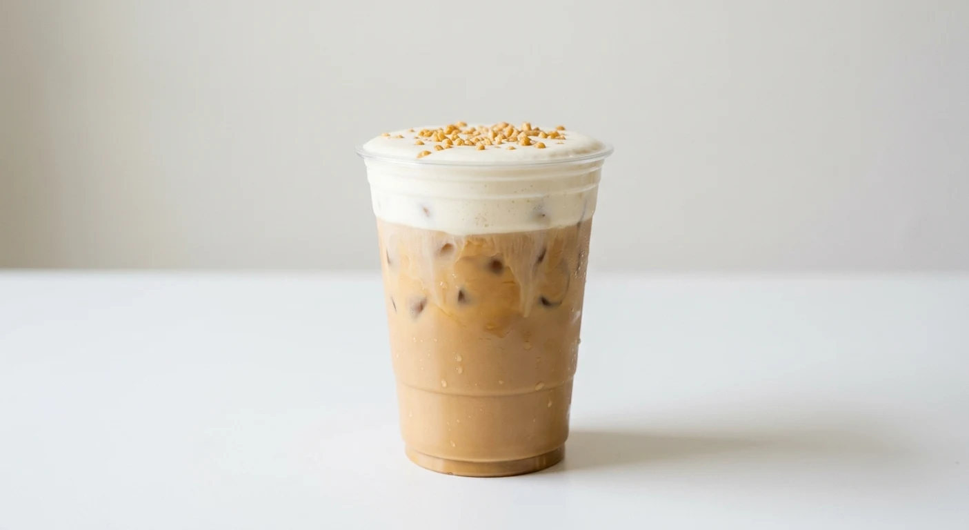 Starbucks US Iced Pecan Crunch Latte (Tall), iced latte topped with vanilla cold foam and pecan crunch in a clear cup, nutrition and calories