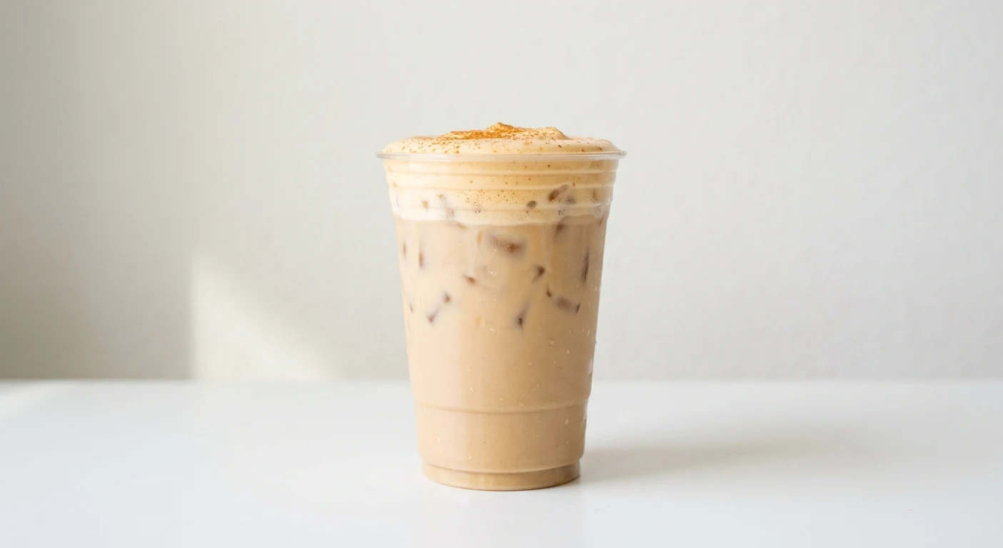 Starbucks US Iced Pumpkin Cream Chai (Venti), iced chai latte topped with pumpkin cold foam and spice in a clear cup, nutrition and calories