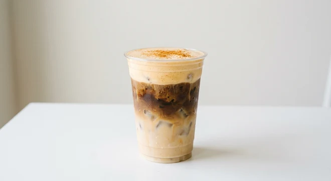 Starbucks US Iced Pumpkin Cream Shaken Espresso (Grande), shaken espresso over oat milk topped with pumpkin cold foam and spice in a clear cup, nutrition and calories