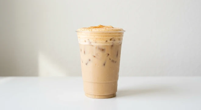 Starbucks US Iced Pumpkin Cream Chai (Grande), iced chai latte topped with pumpkin cold foam and spice in a clear cup, nutrition and calories