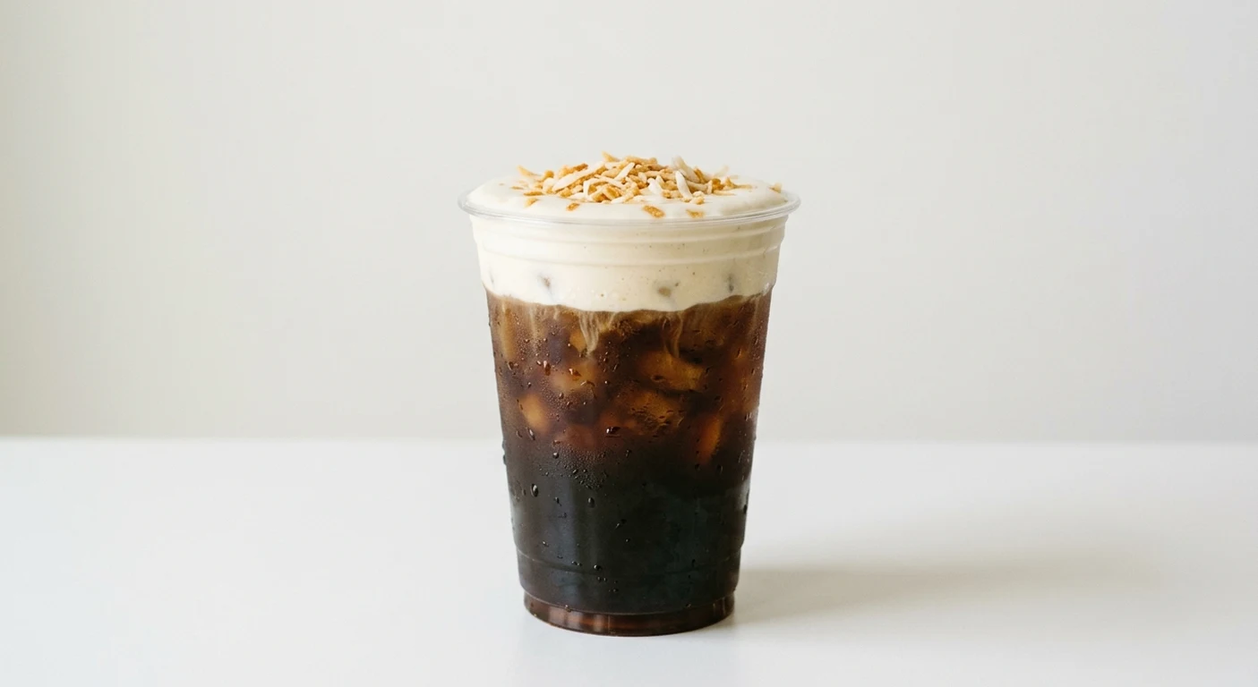 Starbucks US Toasted Coconut Cream Cold Brew (Trenta), cold brew topped with cold foam and toasted coconut in a clear cup, nutrition and calories