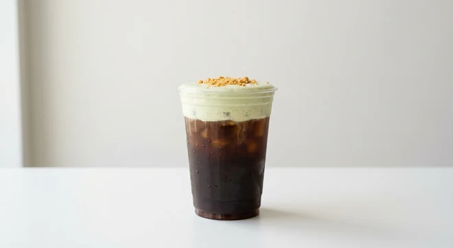 Starbucks US Pistachio Cream Cold Brew (Grande), cold brew topped with pistachio cold foam and buttery crumbs in a clear cup, nutrition and calories