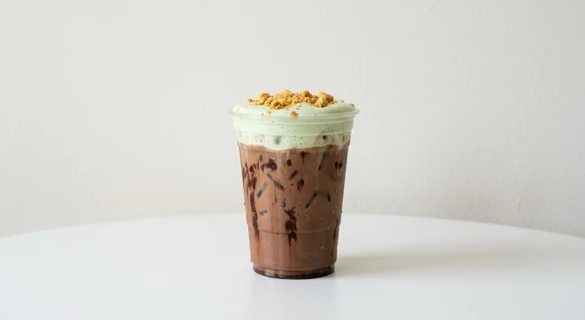 Starbucks US Iced Dubai Chocolate Mocha (Grande), iced mocha topped with pistachio cold foam and buttery crumbs in a clear cup, nutrition and calories