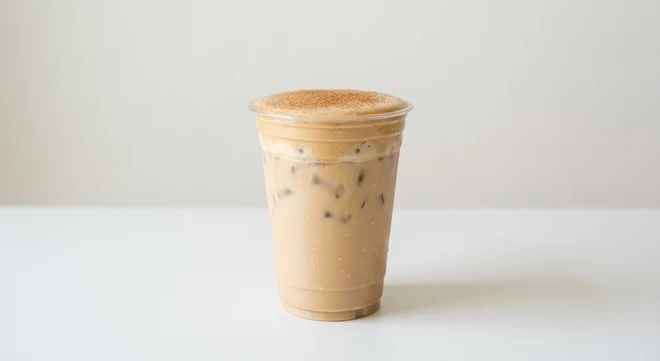 Starbucks US Iced Banana Bread Chai (Grande), iced chai latte topped with brown sugar cold foam and cinnamon in a clear cup, nutrition and calories