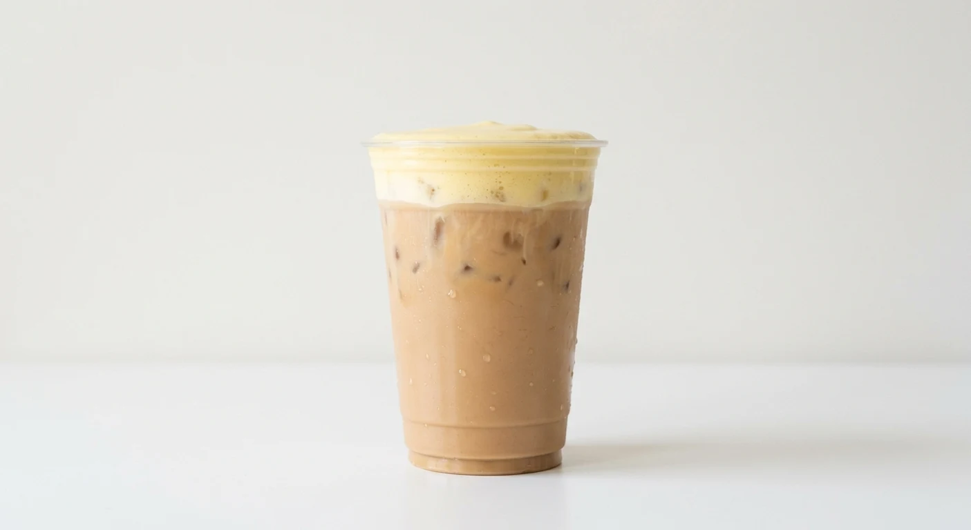 Starbucks US Iced Mango Cream Chai (Venti), iced chai latte topped with mango cold foam in a clear cup, nutrition and calories