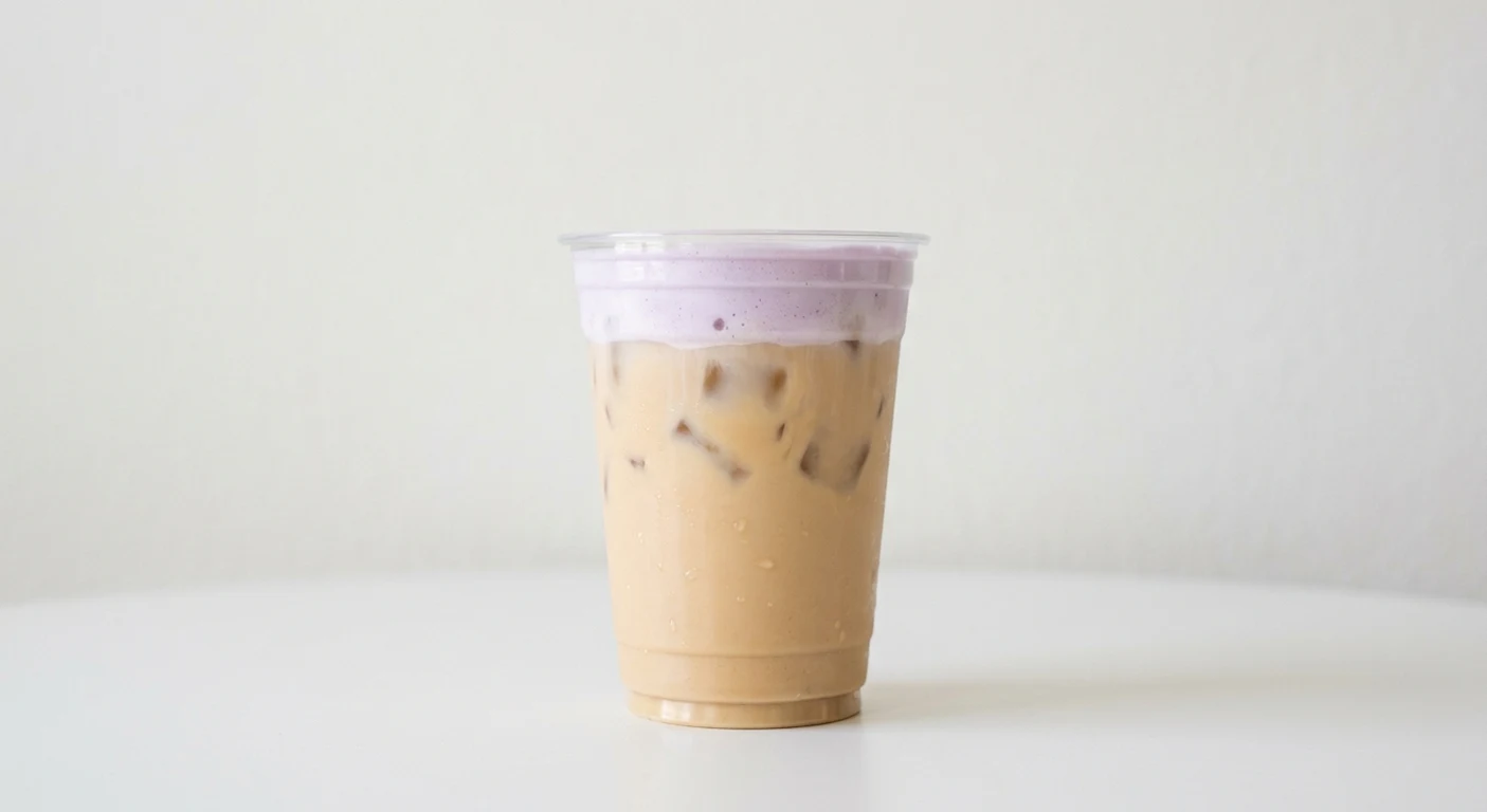 Starbucks US Iced Lavender Cream Chai (Venti), iced chai latte topped with lavender cold foam in a clear cup, nutrition and calories