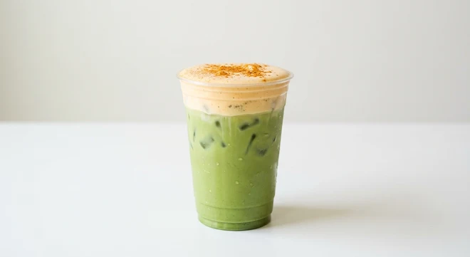 Starbucks US Iced Pumpkin Cream Matcha (Grande), iced matcha latte topped with pumpkin cold foam and spice in a clear cup, nutrition and calories