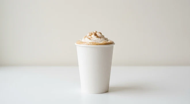 Starbucks US Cinnamon Dolce Latte (Grande), latte topped with whipped cream and cinnamon sugar in a white paper cup, nutrition and calories