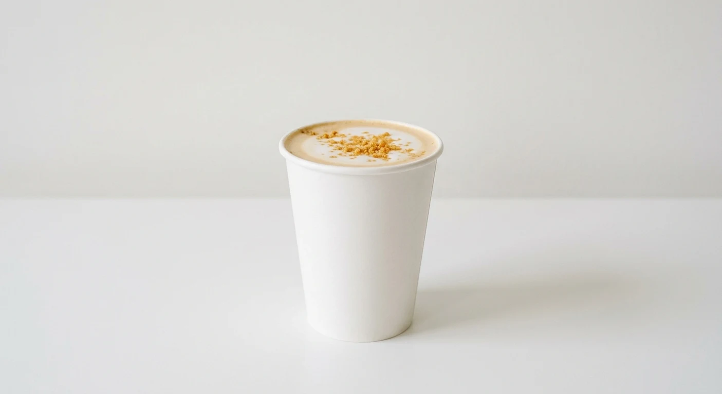 Starbucks US Pistachio Latte (Venti), latte with milk foam and buttery crumb topping in a white paper cup, nutrition and calories