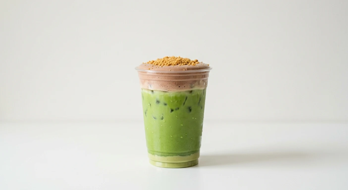 Starbucks US Iced Dubai Chocolate Matcha (Venti), iced matcha latte over pistachio sauce topped with chocolate cold foam and buttery crumbs in a clear cup, nutrition and calories