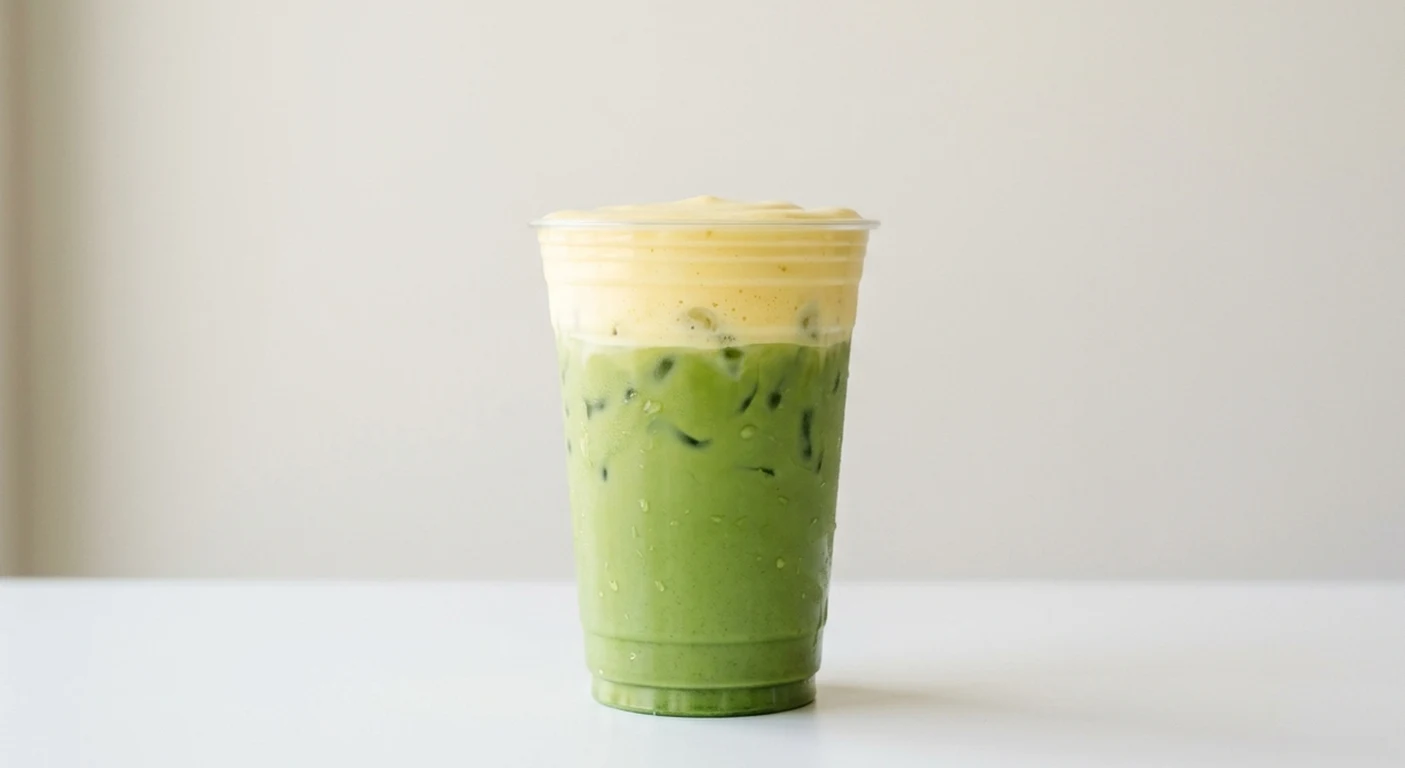 Starbucks US Iced Mango Cream Matcha (Venti), iced matcha latte topped with mango cold foam in a clear cup, nutrition and calories