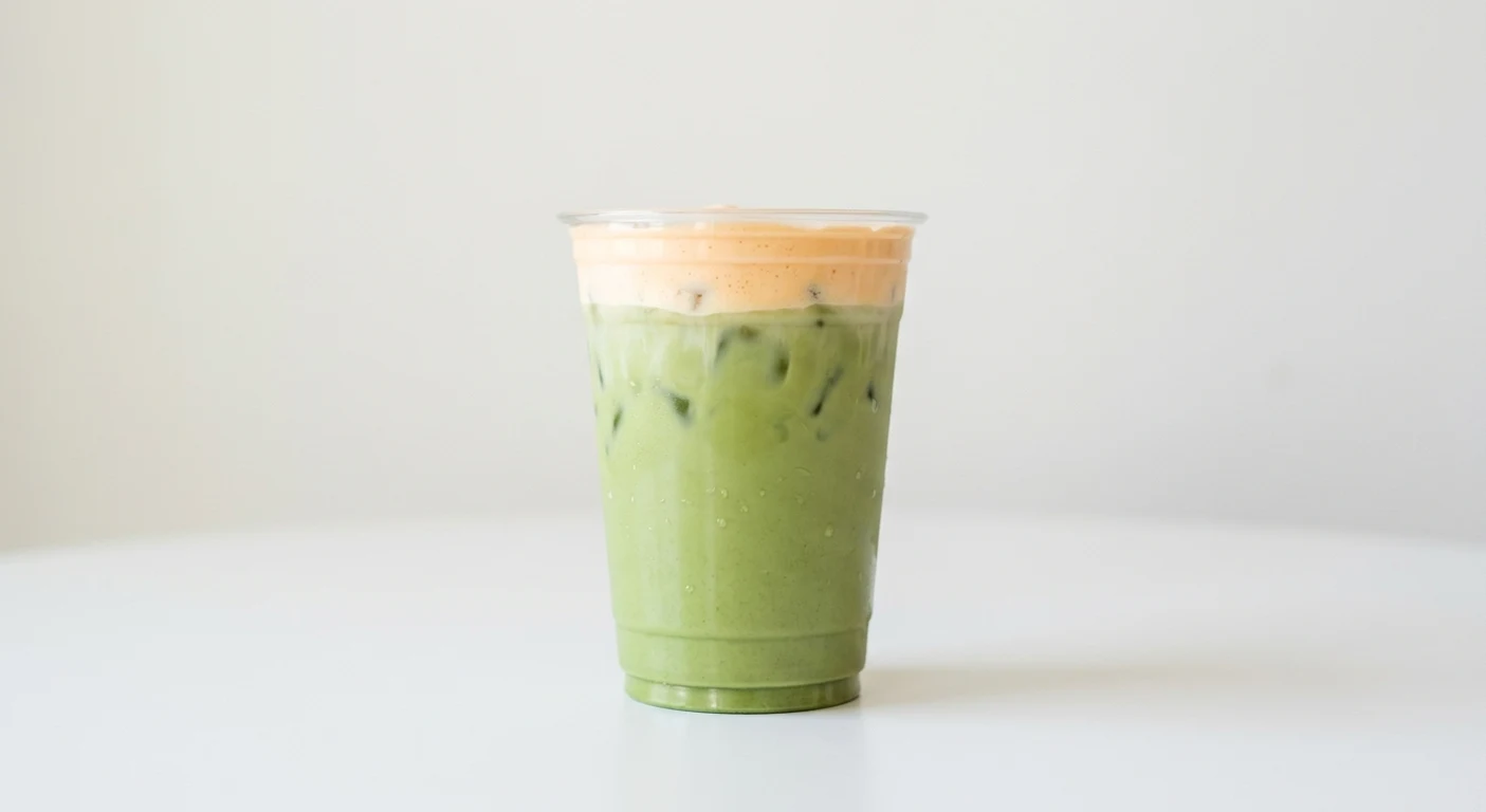 Starbucks US Iced Orange Cream Matcha (Venti), iced matcha latte topped with orange cold foam in a clear cup, nutrition and calories