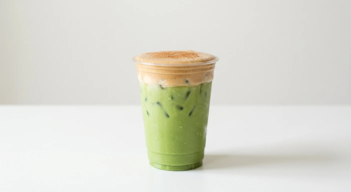 Starbucks US Iced Banana Bread Matcha (Venti), iced matcha latte topped with brown sugar cold foam and cinnamon in a clear cup, nutrition and calories