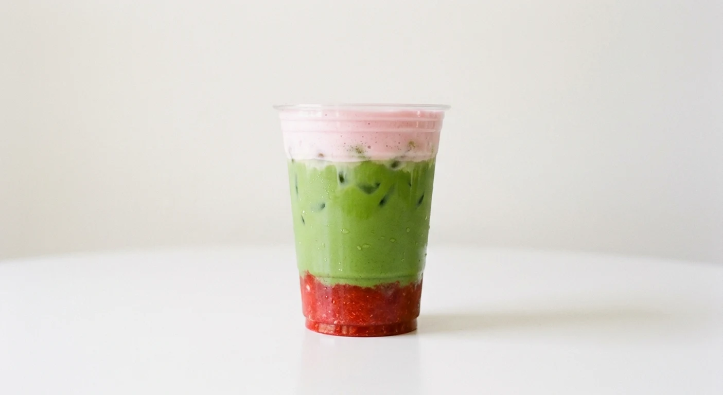 Starbucks US Iced Double Berry Matcha (Venti), layered strawberry, iced matcha and pink raspberry cold foam in a clear cup, nutrition and calories