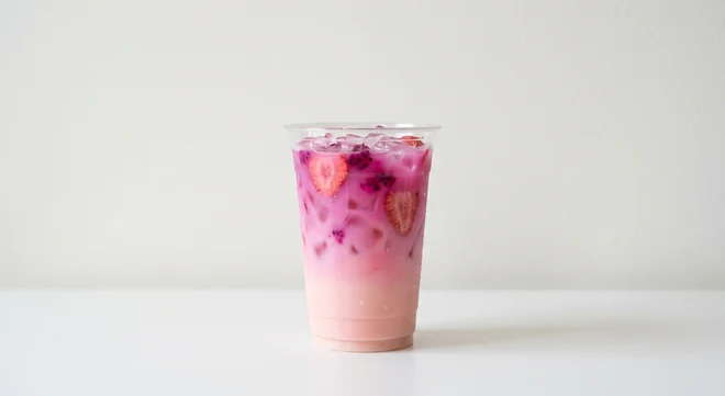 Starbucks US Pink Cannon Ball Drink (Grande), creamy pink layered coconut milk fruit drink over ice with strawberry and dragonfruit pieces in a clear cup, nutrition and calories