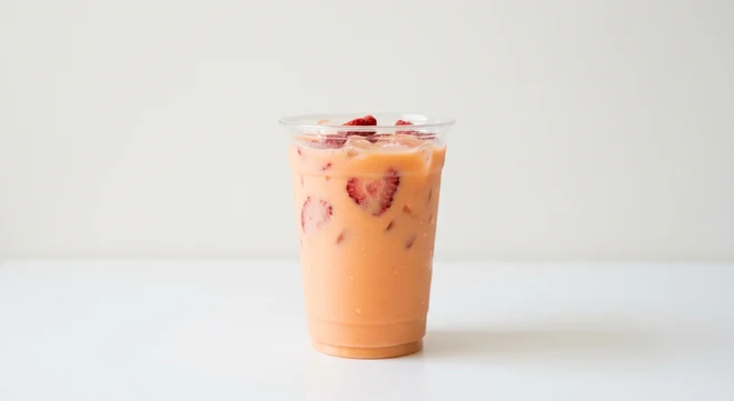 Starbucks US Mango Dream (Grande), creamy peach coconut milk fruit drink over ice with strawberry slices in a clear cup, nutrition and calories