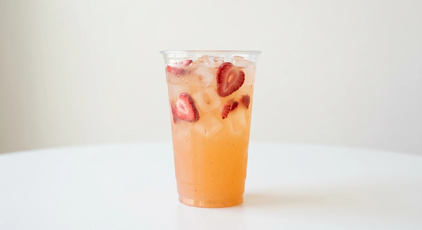 Starbucks US Mango Strawberry Lemonade Refresher (Venti), peach fruit lemonade over ice with strawberry slices in a clear cup, nutrition and calories