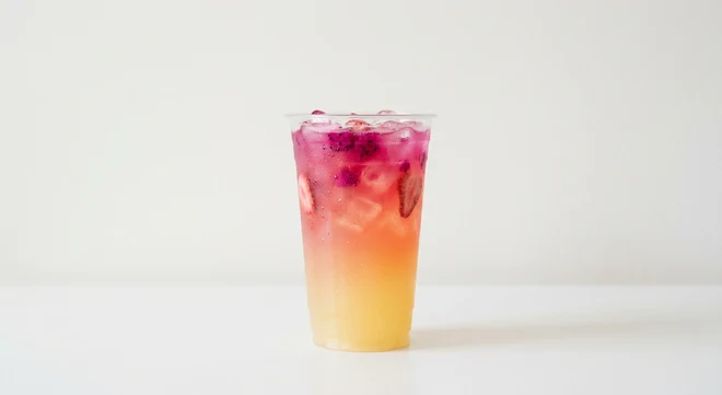 Starbucks US Cannon Ball Drink (Grande), yellow to pink layered fruit lemonade over ice with strawberry and dragonfruit pieces in a clear cup, nutrition and calories