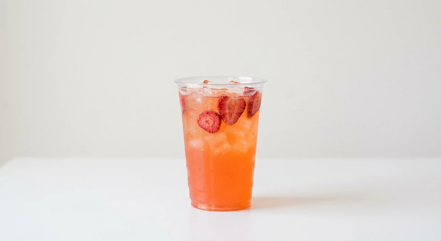 Starbucks US Mango Strawberry Energy Refresher (Trenta), coral fruit drink over ice with strawberry slices in a clear cup, nutrition and calories