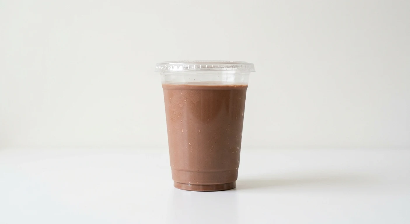 Starbucks US Koia Cacao Bean Nutrition Shake, chocolate plant-based protein shake poured into a clear cup, nutrition and calories