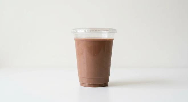 Starbucks US Koia Cacao Bean Nutrition Shake, chocolate plant-based protein shake poured into a clear cup, nutrition and calories