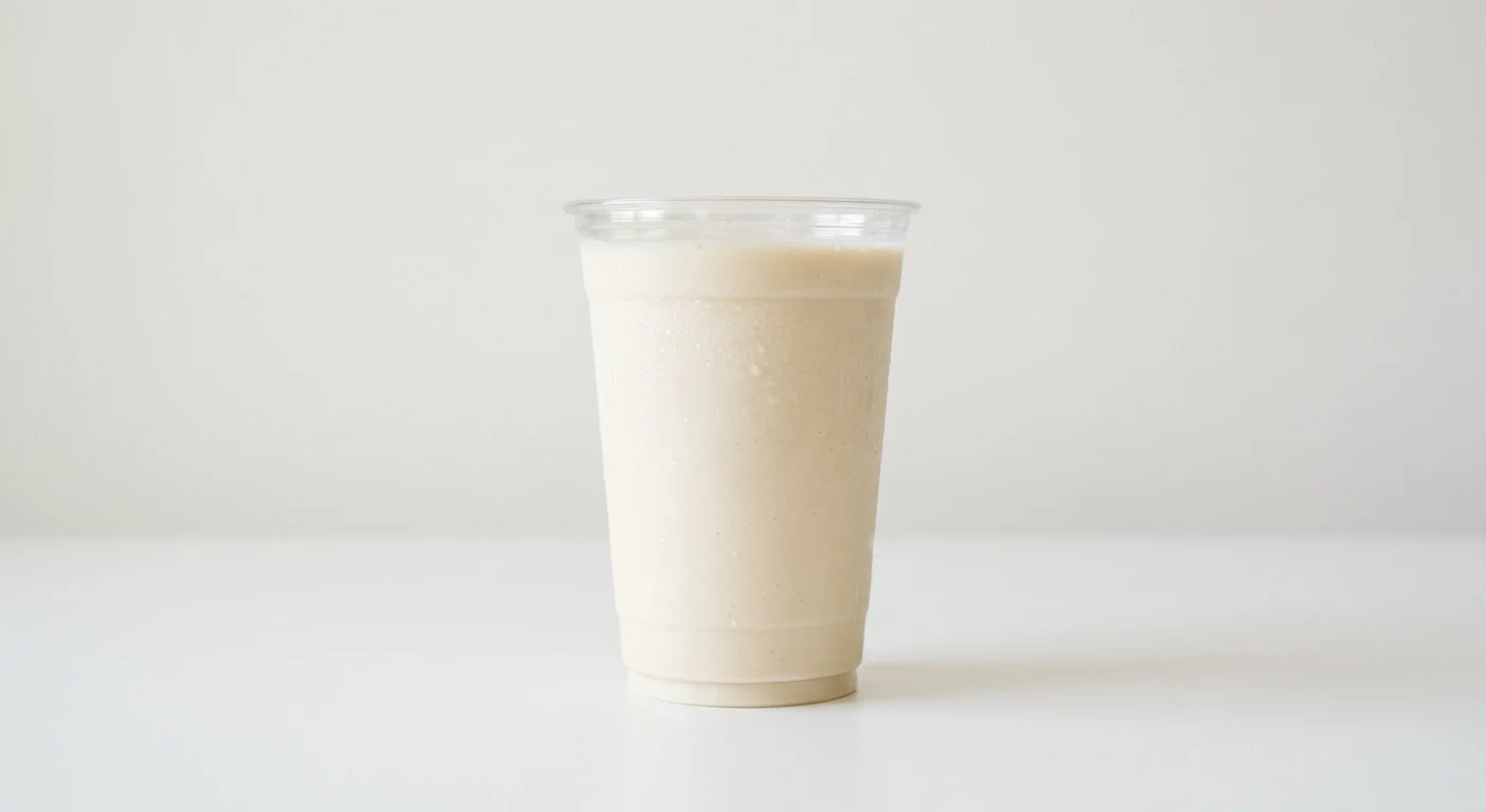 Starbucks US Koia Vanilla Bean Nutrition Shake, vanilla plant-based protein shake poured into a clear cup, nutrition and calories