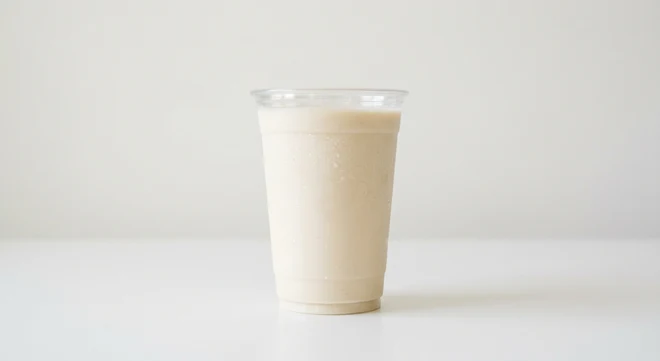 Starbucks US Koia Vanilla Bean Nutrition Shake, vanilla plant-based protein shake poured into a clear cup, nutrition and calories