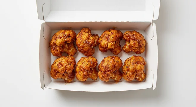 Papa John's Cauliflower Wings, 8 spicy battered cauliflower wings in a takeaway box, nutrition and calories