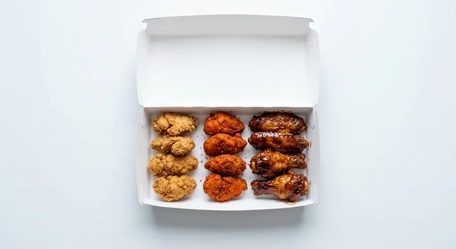Papa John's Chicken Combo, chicken poppers, piri piri poppers and BBQ chicken wings in a takeaway box, nutrition and calories